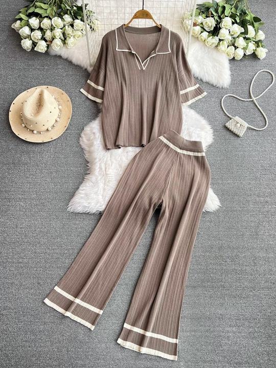 2024 New Fashion Set Style Contrast Color Short Sleeved Knitted Shirt+High Waist Slim Wide Leg Pants Set of Two