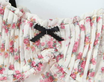 Floral Print pink White Color Front Bow Tie Casual Fashion Mini slip Dress for Ladies