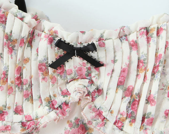 Floral Print pink White Color Front Bow Tie Casual Fashion Mini slip Dress for Ladies