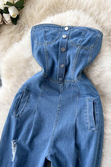 Spring Summer New Retro Sexy Female Denim Chest Wide-Leg Denim Pants Jumpsuit