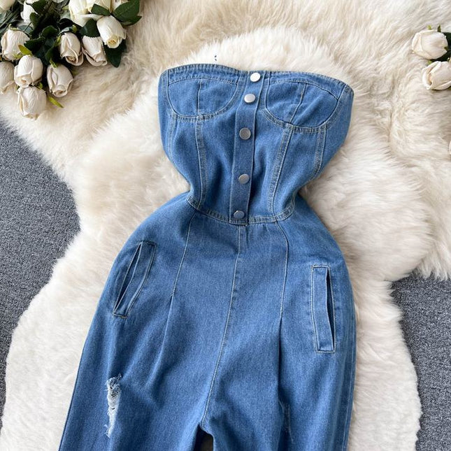 Spring Summer New Retro Sexy Female Denim Chest Wide-Leg Denim Pants Jumpsuit