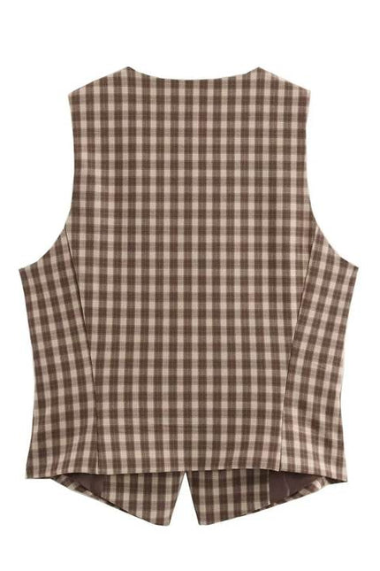 Crew Neck Plaid Print Brown Color Buttons up Casual Fashion Vest Waistcoat for Women