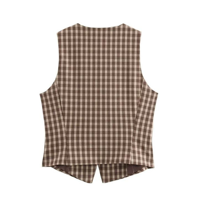 Crew Neck Plaid Print Brown Color Buttons up Casual Fashion Vest Waistcoat for Women