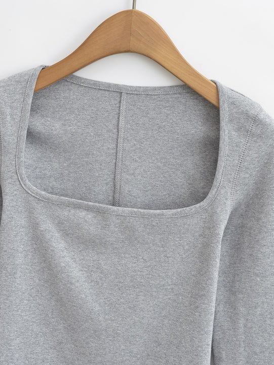 5 Colorway square Collar Long Sleeve Solid Color Knitted Casual Fashion Women t Shirt