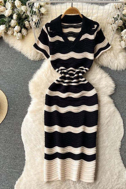 Short Sleeved Striped Knit Dress Women'S Summer New Hollow V-Neck Dresses