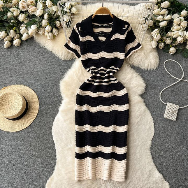 Short Sleeved Striped Knit Dress Women'S Summer New Hollow V-Neck Dresses