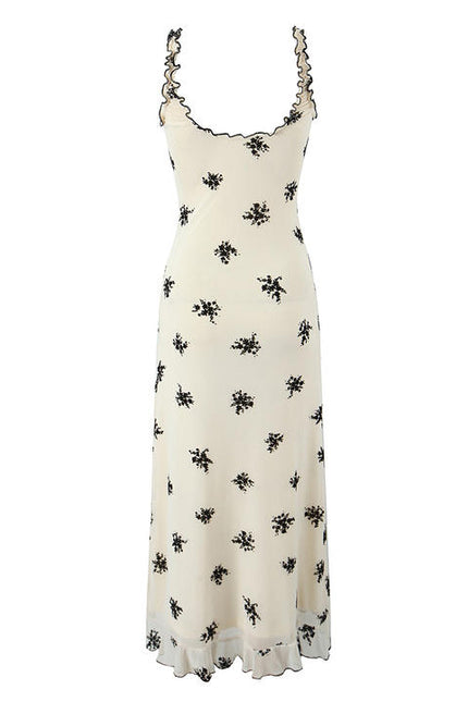 Shoulder Strap Floral Print Beige Color Casual Fashion Midi slip Dress for Women