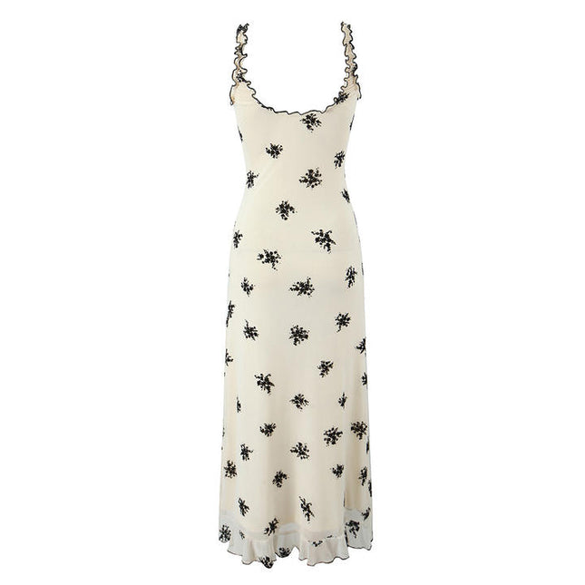 Shoulder Strap Floral Print Beige Color Casual Fashion Midi slip Dress for Women