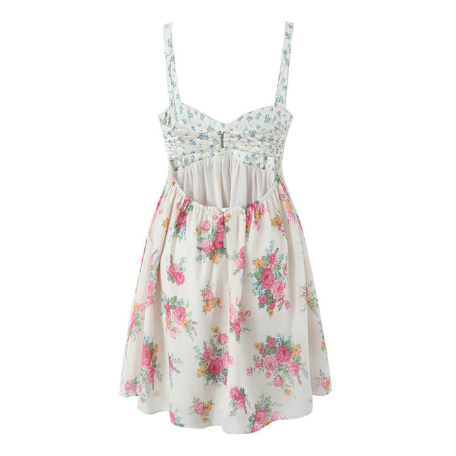 Patchwork Design Multi Color Floral Print Shoulder Strap Hot Sale Casual Fashion Mini slip Dress for Ladies