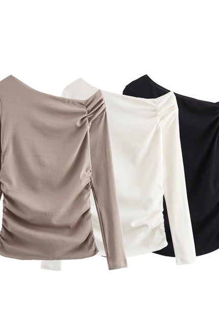 3 Colorway Asymmetrical Collar Solid Color Long Sleeve Pleated Casual Fashion Women t Shirt