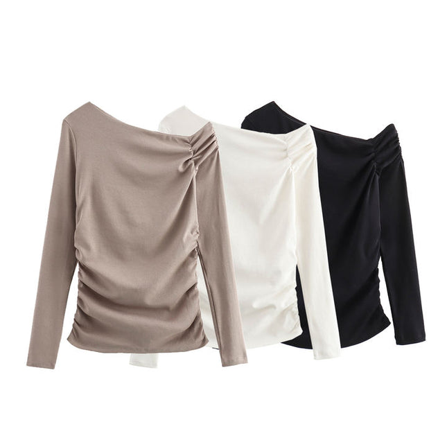 3 Colorway Asymmetrical Collar Solid Color Long Sleeve Pleated Casual Fashion Women t Shirt