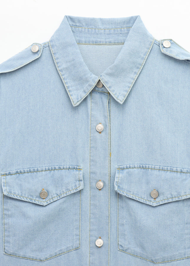 Turn Down Collar Long Sleeve Denim Blue Color Buttons up Casual Fashion Jeans Tops Blouse for Women