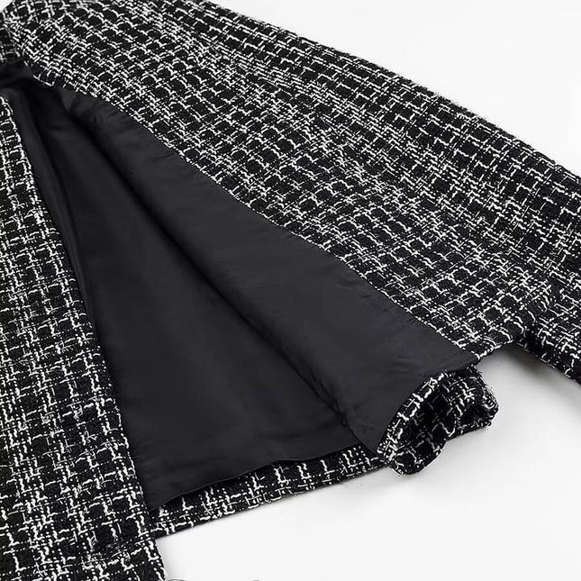 Crew Neck Single Breasted Black Color Long Sleeve Casual Fashion Tweed Jacket for Women
