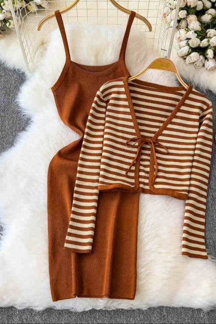 Striped Cardigan Coat Two-piece Dress for Women Vintage Charm Elegant Temperament Slimming Effect Sexy Form-fitting Maxi Dress