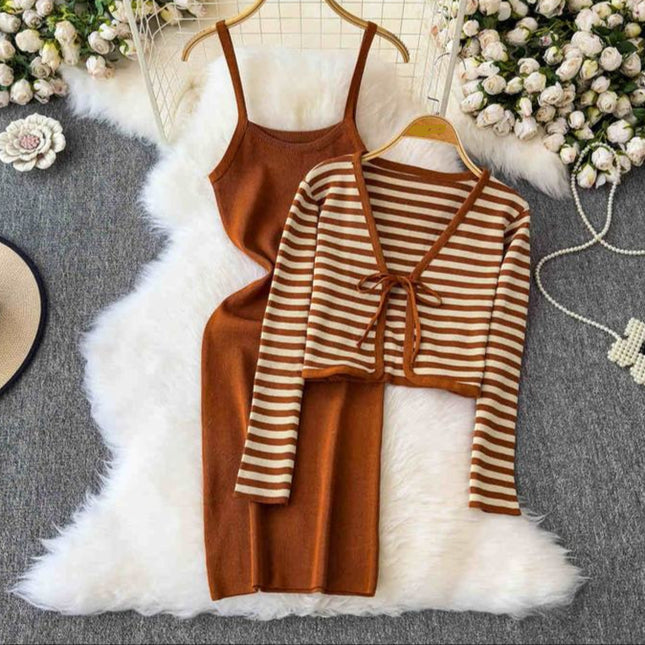 Striped Cardigan Coat Two-piece Dress for Women Vintage Charm Elegant Temperament Slimming Effect Sexy Form-fitting Maxi Dress