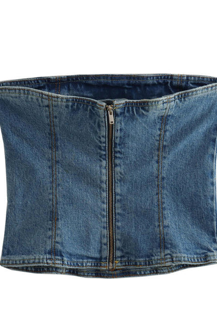 Denim Blue Color Strapless Back Zipper Fly Casual Fashion Women Crop tank Top
