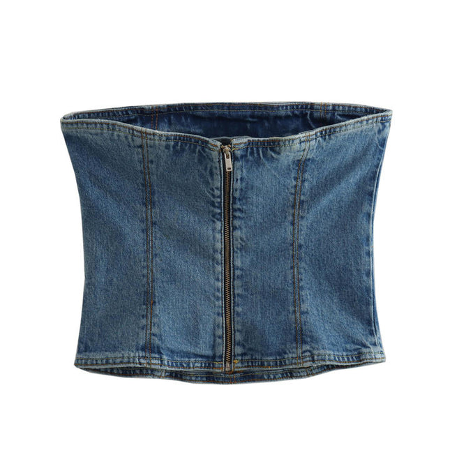 Denim Blue Color Strapless Back Zipper Fly Casual Fashion Women Crop tank Top
