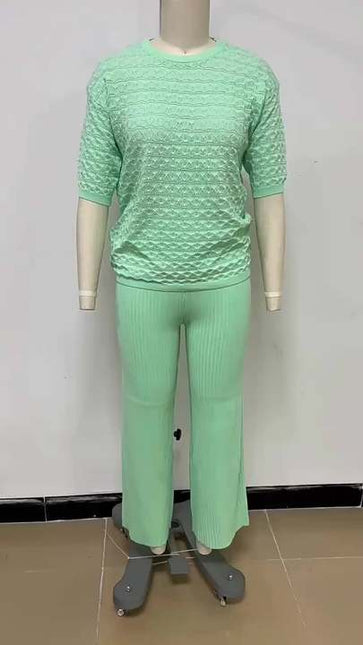 Summer New Solid Color Hollow Casual Round Neck Fashion Suit Short Sleeve Trousers Knit Two-piece Set
