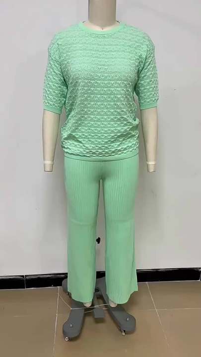 Summer New Solid Color Hollow Casual Round Neck Fashion Suit Short Sleeve Trousers Knit Two-piece Set