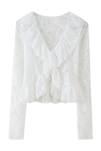 V Neck White Color Floral Lace Front Ruffle Long Sleeve Casual Fashion Tops Blouse for Women