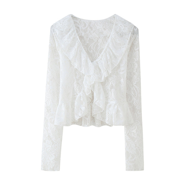 V Neck White Color Floral Lace Front Ruffle Long Sleeve Casual Fashion Tops Blouse for Women
