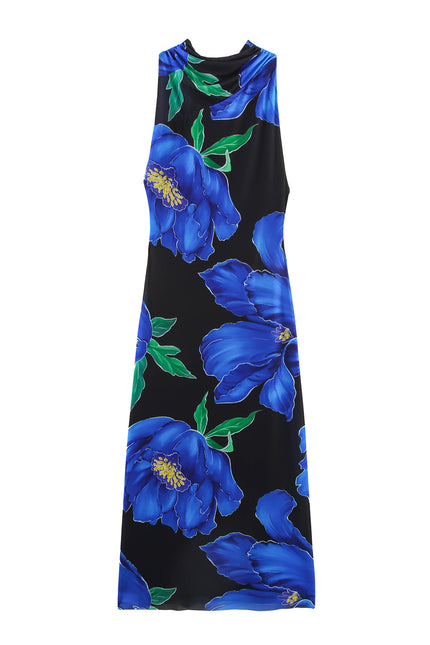 Floral Print Black Blue Color Back Hollow Out Sleeveless Summer Long Halter Dress for Women