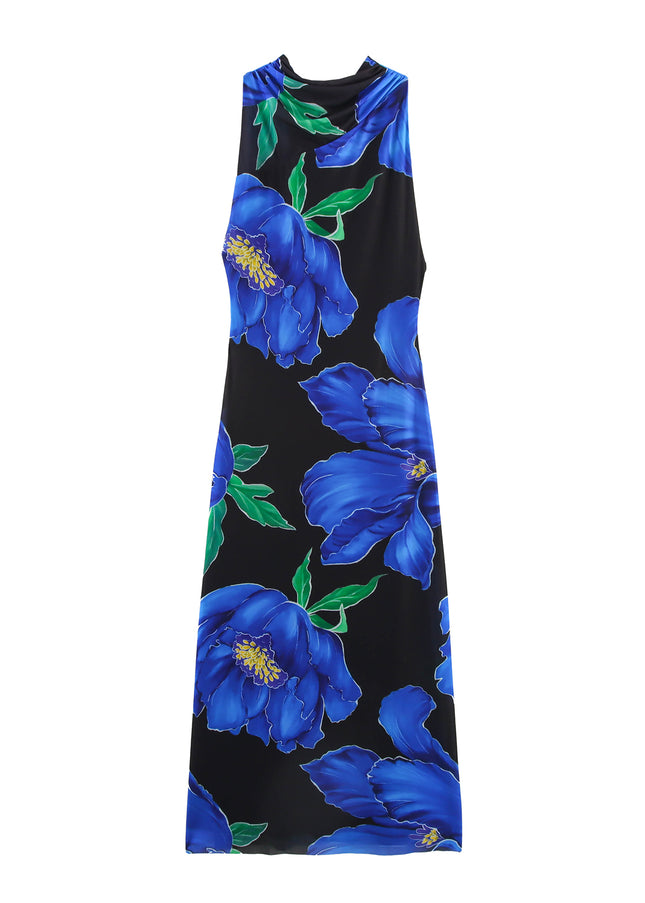 Floral Print Black Blue Color Back Hollow Out Sleeveless Summer Long Halter Dress for Women