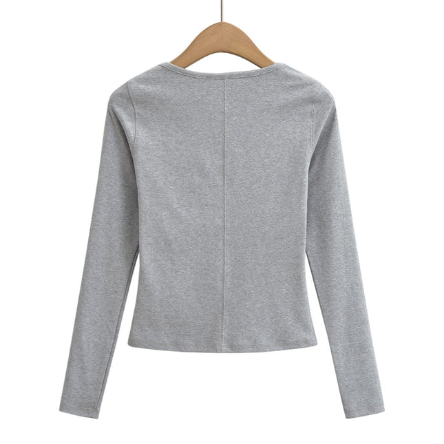 5 Colorway square Collar Long Sleeve Solid Color Knitted Casual Fashion Women t Shirt