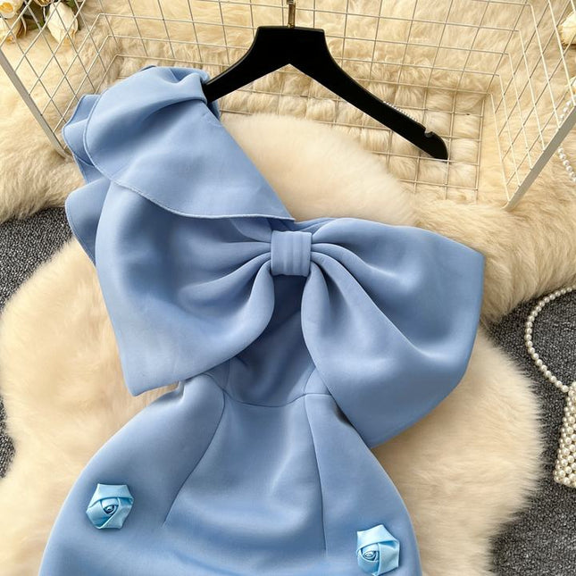 S-4xl Sexy Pure Desire Wind Bow Tie Single Shoulder Diagonal Neck Bra Wrap Hip Dress