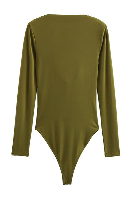 V Collar Design Long Sleeve Green Color Casual Fashion Bodysuit Jumpsuit for Women