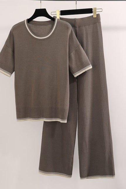 Fashionable Round Neck Short Sleeved Knitted Sweater High Waist Drooping Feeling Long Pants Pit Stripe Knit Two-Piece Set
