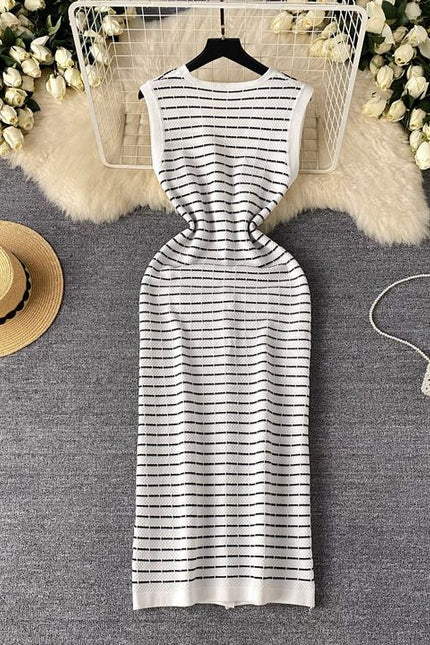Knitwear Manufacturer Custom Contrast Color Striped V Neck Single Breasted Sleeveless Luxury Knit Dress