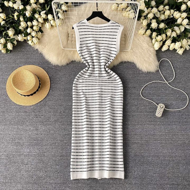 Knitwear Manufacturer Custom Contrast Color Striped V Neck Single Breasted Sleeveless Luxury Knit Dress