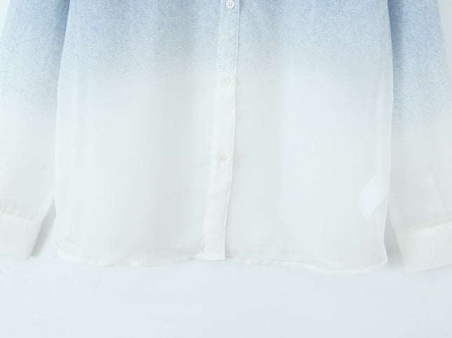 Blue White Color Buttons up Long Sleeve Turn Down Collar Casual Fashion Tops Blouse for Women