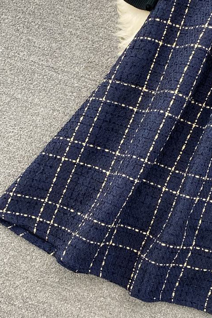 Fall Winter Vintage Style Stand Collar Bottom Sweater Two Piece Plaid Suspender Dress Waist A-Line Dress