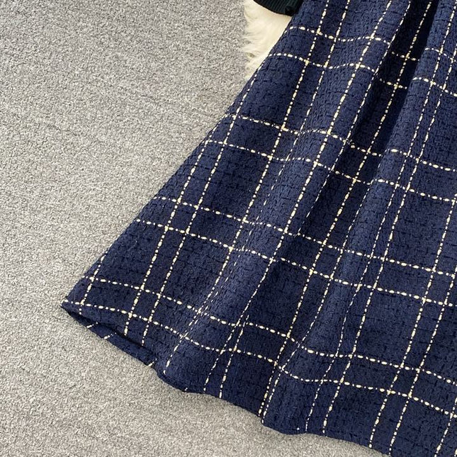 Fall Winter Vintage Style Stand Collar Bottom Sweater Two Piece Plaid Suspender Dress Waist A-Line Dress