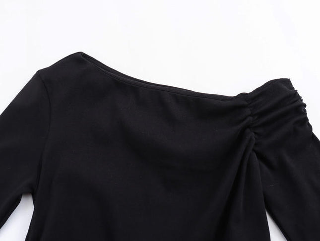 3 Colorway Asymmetrical Collar Solid Color Long Sleeve Pleated Casual Fashion Women t Shirt