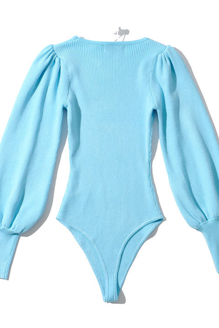 Four Colorway Puff Long Sleeve Knitted Fashion Stretchy Bodycon Casual Bodysuit for Women