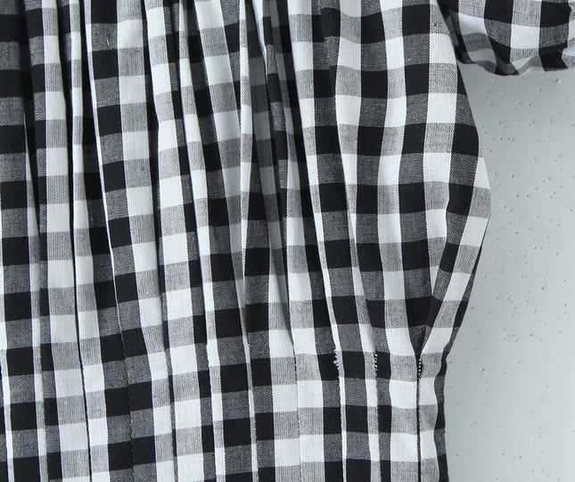 Crew Neck Short Sleeve Black White Color Plaid Print Hot Sale Casual Fashion Mini Dress for Women