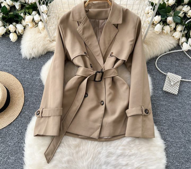 French British Style Jacket Women'S Fall Double Breasted Lapel Long Sleeve Blouse Short Jacket Trench Coat