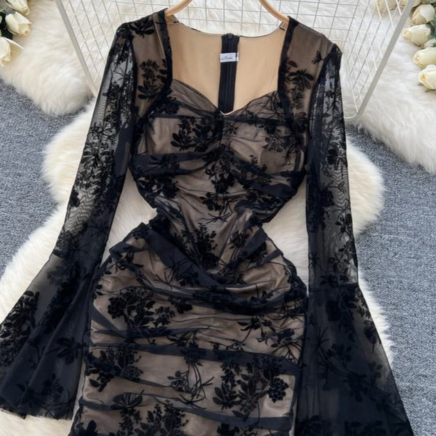 French Vintage Elegant Dresses Women Premium Pleated Slim Split Lace Ruffle Long Dresses
