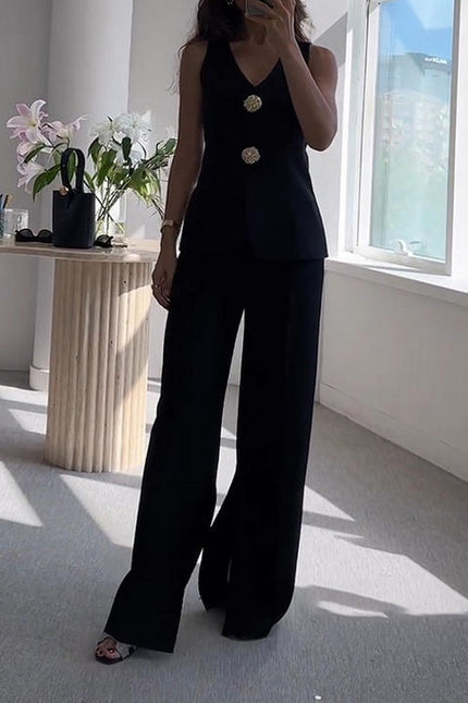 Autumn New Fashion Casual Women'S Buttoned Undershirt Undershirt Slit Pants Two Piece Set