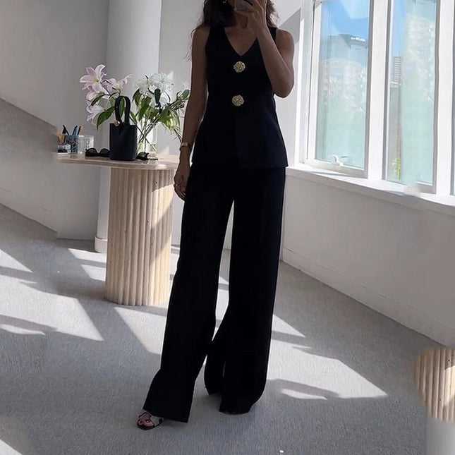Autumn New Fashion Casual Women'S Buttoned Undershirt Undershirt Slit Pants Two Piece Set