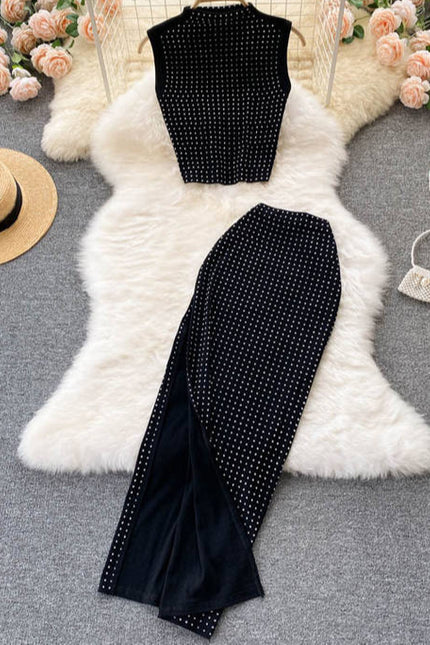 Summer Crop Top Vest Sexy Slit Diamond 2 Piece Two Piece Skirt Sets Women Outfits