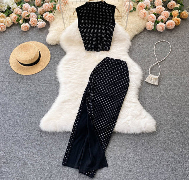 Summer Crop Top Vest Sexy Slit Diamond 2 Piece Two Piece Skirt Sets Women Outfits