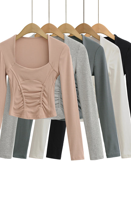 5 Colorway square Collar Solid Color Front Pleated Long Sleeve Casual Women's T-shirt