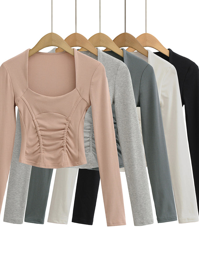 5 Colorway square Collar Solid Color Front Pleated Long Sleeve Casual Women's T-shirt