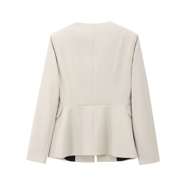 Crew Neck Long Sleeve Beige Color Single Breasted Casual Fashion Jacket for Women