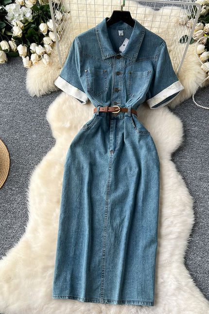 Korean Style Denim Dresses Women'S Summer Split Long Casual Dresses