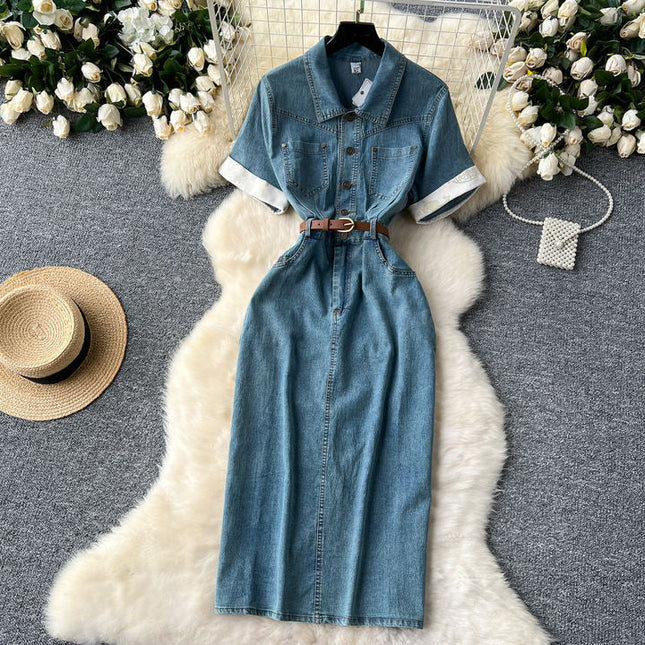 Korean Style Denim Dresses Women'S Summer Split Long Casual Dresses
